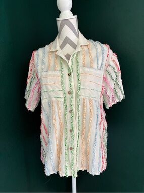 Urban Outfitters White Button-Up Top with Multicolor Frayed Stripes